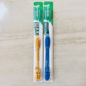2 GUM Sunstar #471 Micro Tip Compact Soft Toothbrush Yellow & Blue Made In USA
